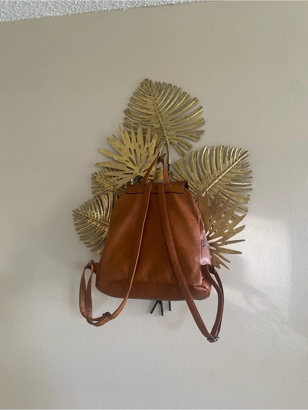 Studded Flap Vegan Leather Backpack - Tan